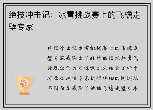 绝技冲击记：冰雪挑战赛上的飞檐走壁专家